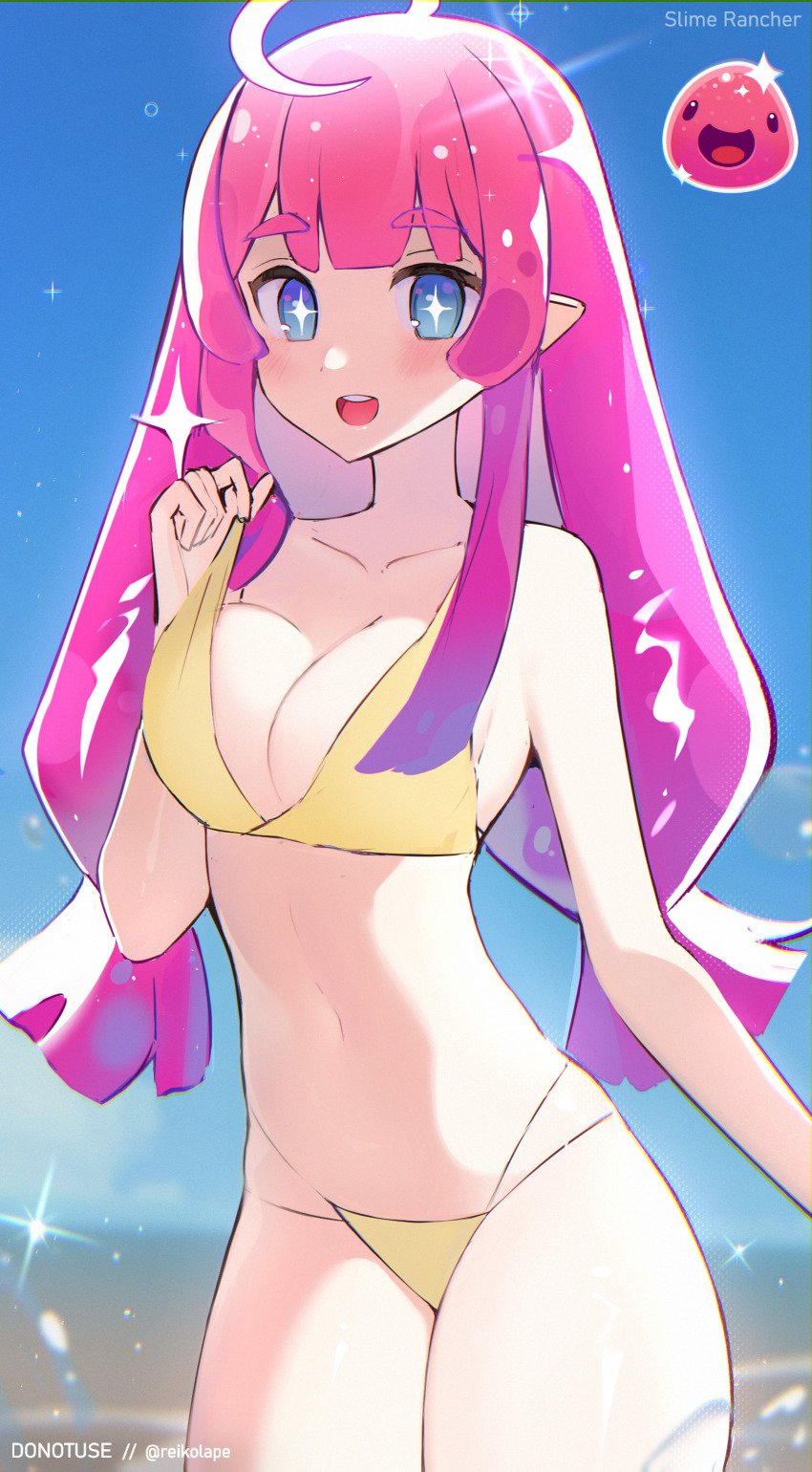 1girl, :d, absurdres, ahoge, bikini, bikini_top_only, blue_eyes, blue_sky, breasts, cleavage, cloud, collarbone, commentary, copyright_name, cowboy_shot, cross-shaped_pupils, day, english_commentary, hand_up, highres, large_breasts, long_hair, navel, open_mouth, outdoors, personification, pink_hair, pink_slime_(slime_rancher), pointy_ears, reference_inset, reiko_lape, sky, slime_rancher, smile, solo, swimsuit, symbol-shaped_pupils, teeth, thighs, twitter_username, upper_teeth_only, yellow_bikini