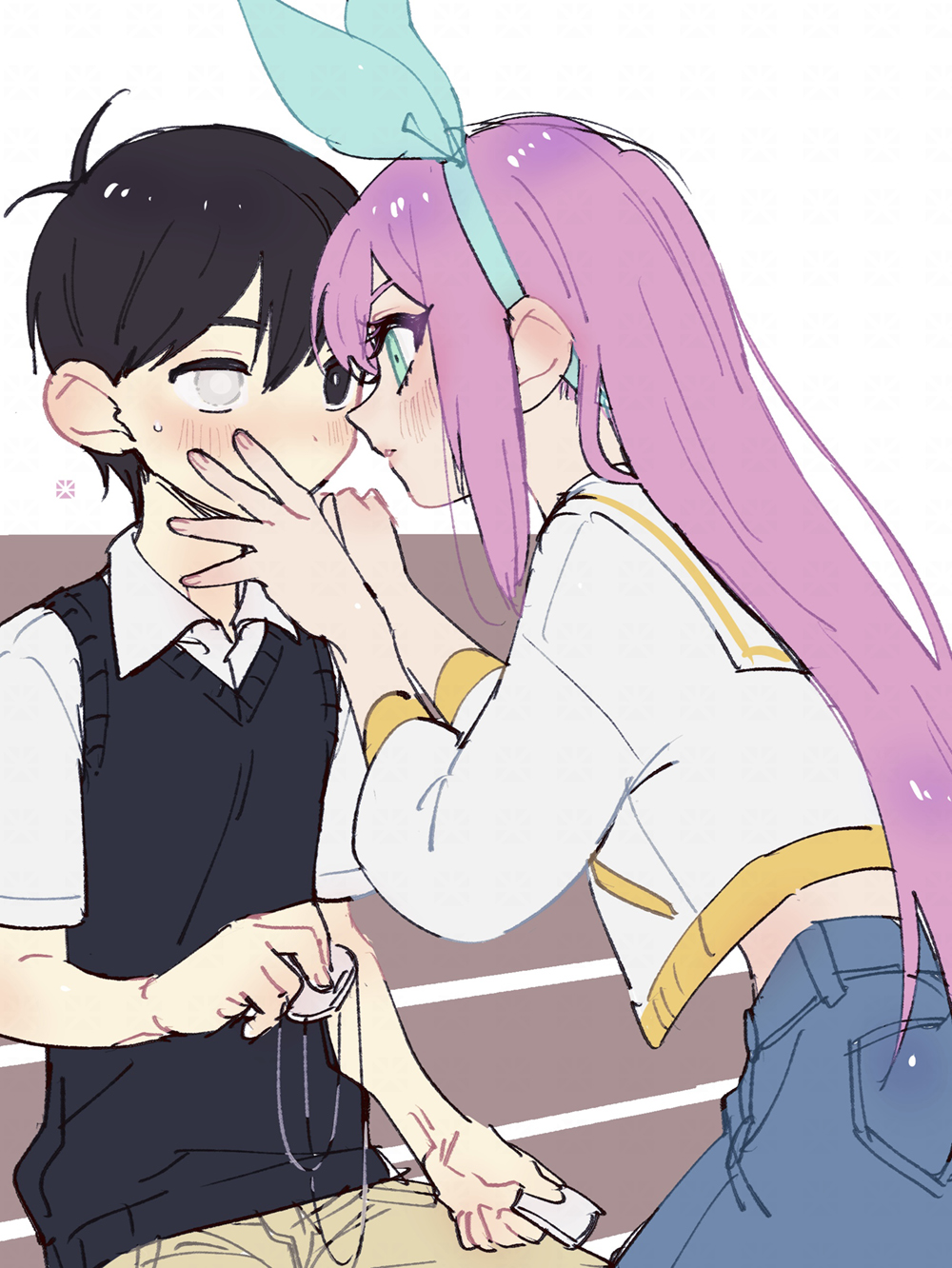 1boy, 1girl, antenna_hair, aqua_eyes, aqua_hairband, aubrey_(faraway)_(omori), aubrey_(omori), black_eyes