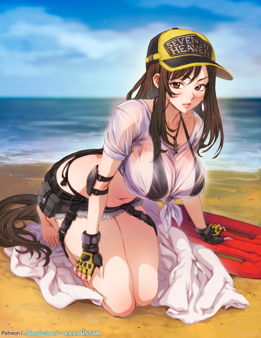 1girl, artist_collaboration, artist_name, barefoot, baseball_cap, beach, bikini, bikini_under_clothes