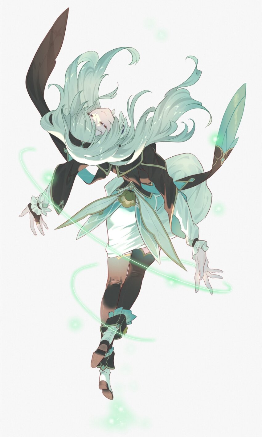 1girl, amenoki, back, black_gloves, black_hairband, black_jacket, blue_hair, boots, brown_thighhighs, closed_eyes, closed_mouth, cropped_jacket, dress, fingerless_gloves, fingernails, firefly_(honkai:_star_rail), full_body, gloves, hairband, highres, honkai:_star_rail, honkai_(series), jacket, jewelry, long_hair, long_sleeves, puffy_long_sleeves, puffy_sleeves, ring, simple_background, single_glove, smile, solo, thighhighs, white_background, white_boots, white_dress