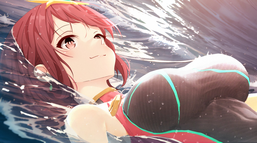 1girl, black_one-piece_swimsuit, breasts, earrings, highres, jewelry, large_breasts, multicolored_swimsuit, one-piece_swimsuit, partially_submerged, pyra_(pro_swimmer)_(xenoblade), pyra_(xenoblade), red_eyes, red_hair, red_one-piece_swimsuit, sculp2, solo, swimsuit, tiara, upper_body, water, xenoblade_chronicles_(series), xenoblade_chronicles_2