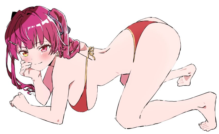 1girl, ass, bare_legs, bare_shoulders, bikini, breasts, hair_ornament, hairclip
