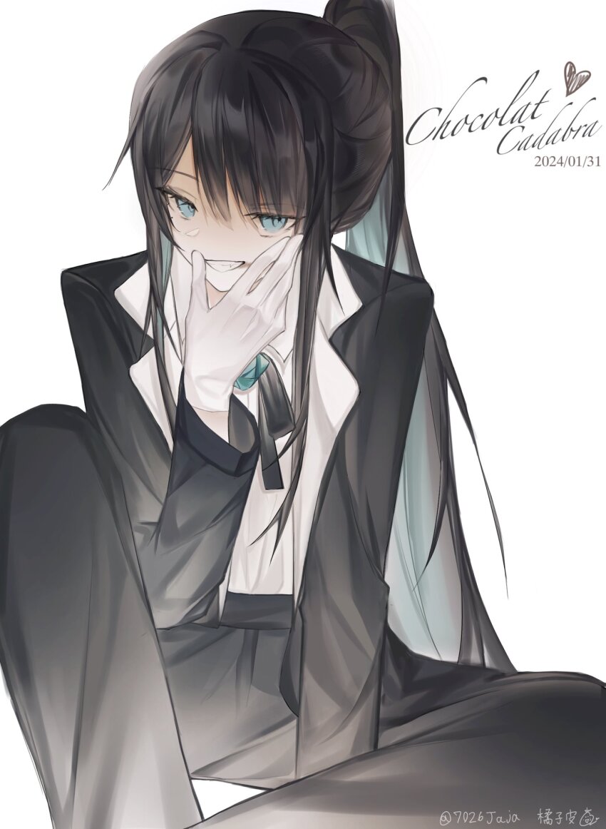 1girl, 7026jaja, ado_(utaite), black_coat, black_hair, black_pants, black_ribbon, blue_eyes