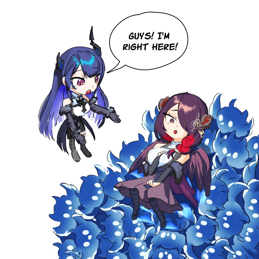 2girls, absurdres, black_dress, black_gloves, black_hair, blue_hair, braid, braided_ponytail