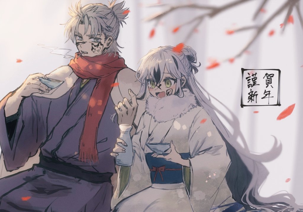 1boy, 1girl, black_hair, bottle, cigarette, cup, fate/grand_order, fate_(series), green_eyes, grey_eyes, grey_hair, happy_new_year, japanese_clothes, kimono, long_hair, multicolored_hair, nagao_kagetora_(fate), new_year, red_scarf, sakazuki, sake_bottle, scarf, smoking, takeda_shingen_(fate), two-tone_hair, white_hair, yuzumotty