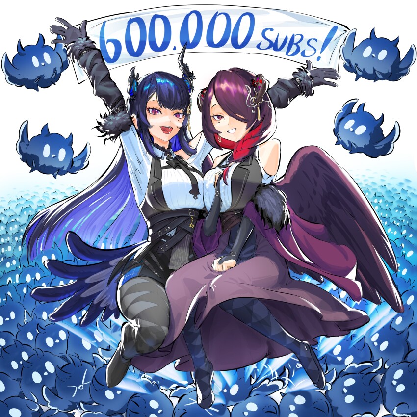 2girls, absurdres, asymmetrical_horns, black_dress, black_gloves, black_hair, blue_hair, braid