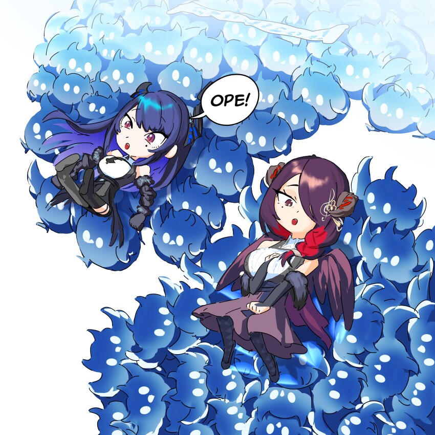 2girls, absurdres, asymmetrical_horns, black_gloves, black_hair, blue_hair, braid, braided_ponytail