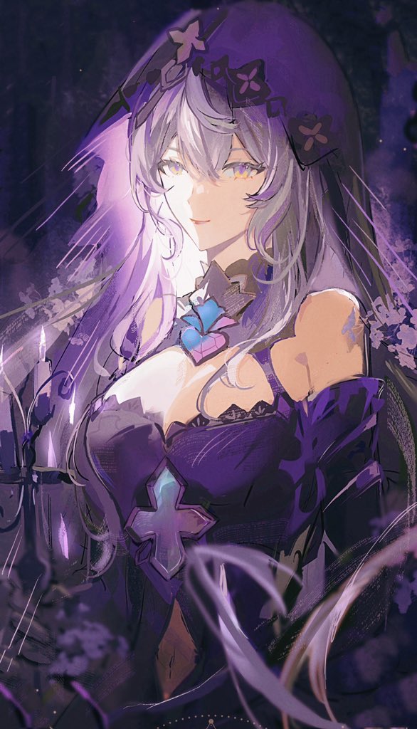 black_swan_(honkai:_star_rail), bodysuit, candle, clothing_cutout, d-aprken, detached_sleeves, hair_between_eyes, holding