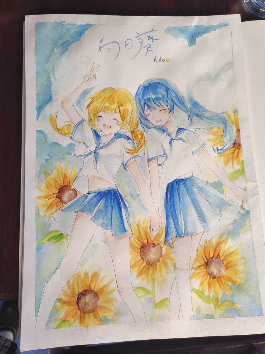 2girls, 7026jaja, ^_^, ado_(utaite), aoi_(ado), arm_up, blonde_hair, blue_hair