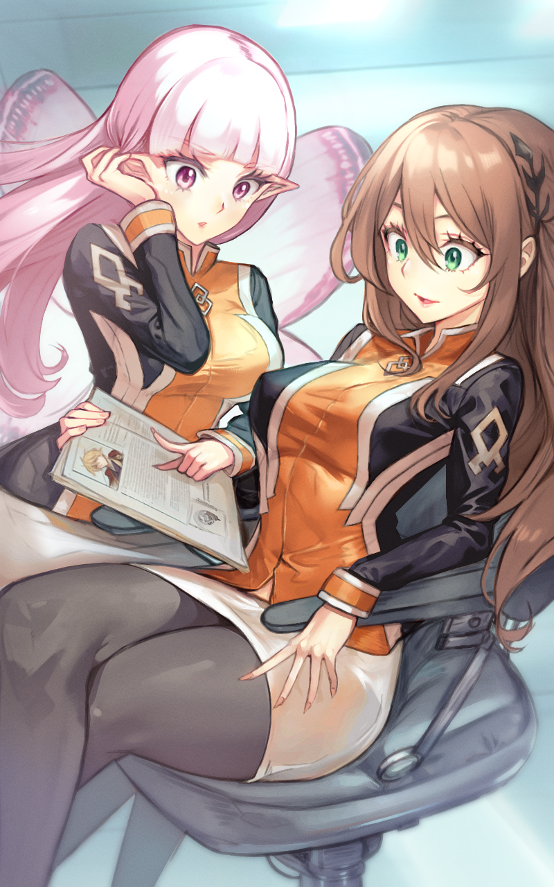 2girls, adele_(fate), black_pantyhose, black_shirt, blunt_bangs, blush, breasts, brown_hair
