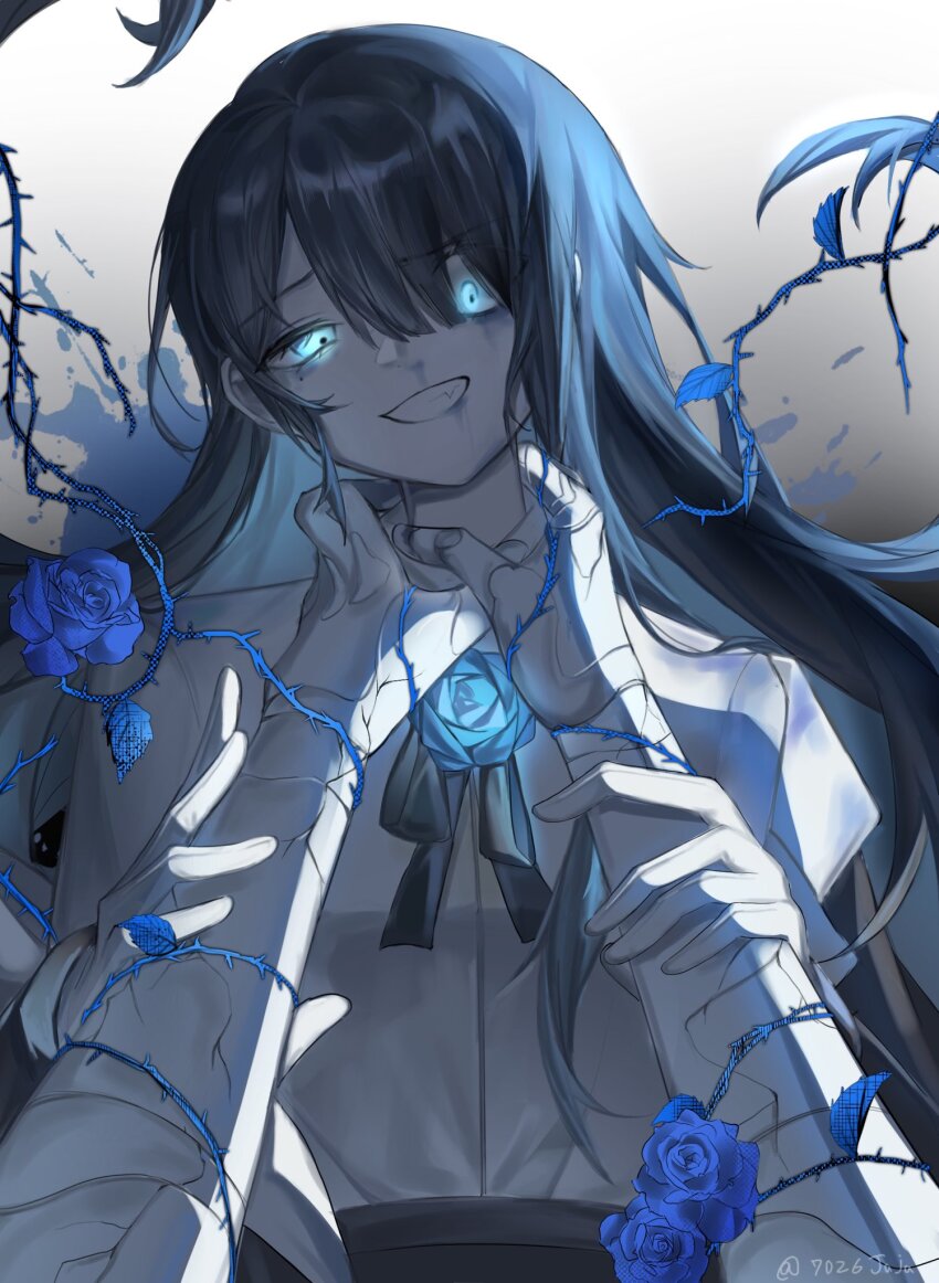 1girl, 1other, 7026jaja, ado_(utaite), black_bow, black_bowtie, black_coat, black_hair, blue_eyes, blue_flower, blue_hair, blue_rose, bow, bowtie, brooch, chando_(ado), chinese_commentary, clenched_teeth, cloud_nine_inc, coat, colored_inner_hair, commentary, commentary_request, cracked_skin, dress_shirt, flower, flower_brooch, gloves, glowing, glowing_eyes, gradient_hair, hair_between_eyes, hair_spread_out, hashtag-only_commentary, highres, long_hair, long_sleeves, looking_at_viewer, multicolored_hair, off_shoulder, open_clothes, open_coat, paint_splatter, paint_splatter_on_face, pov, rose, shirt, solo_focus, teeth, thorns, two-tone_hair, upper_body, utaite, white_gloves, white_shirt