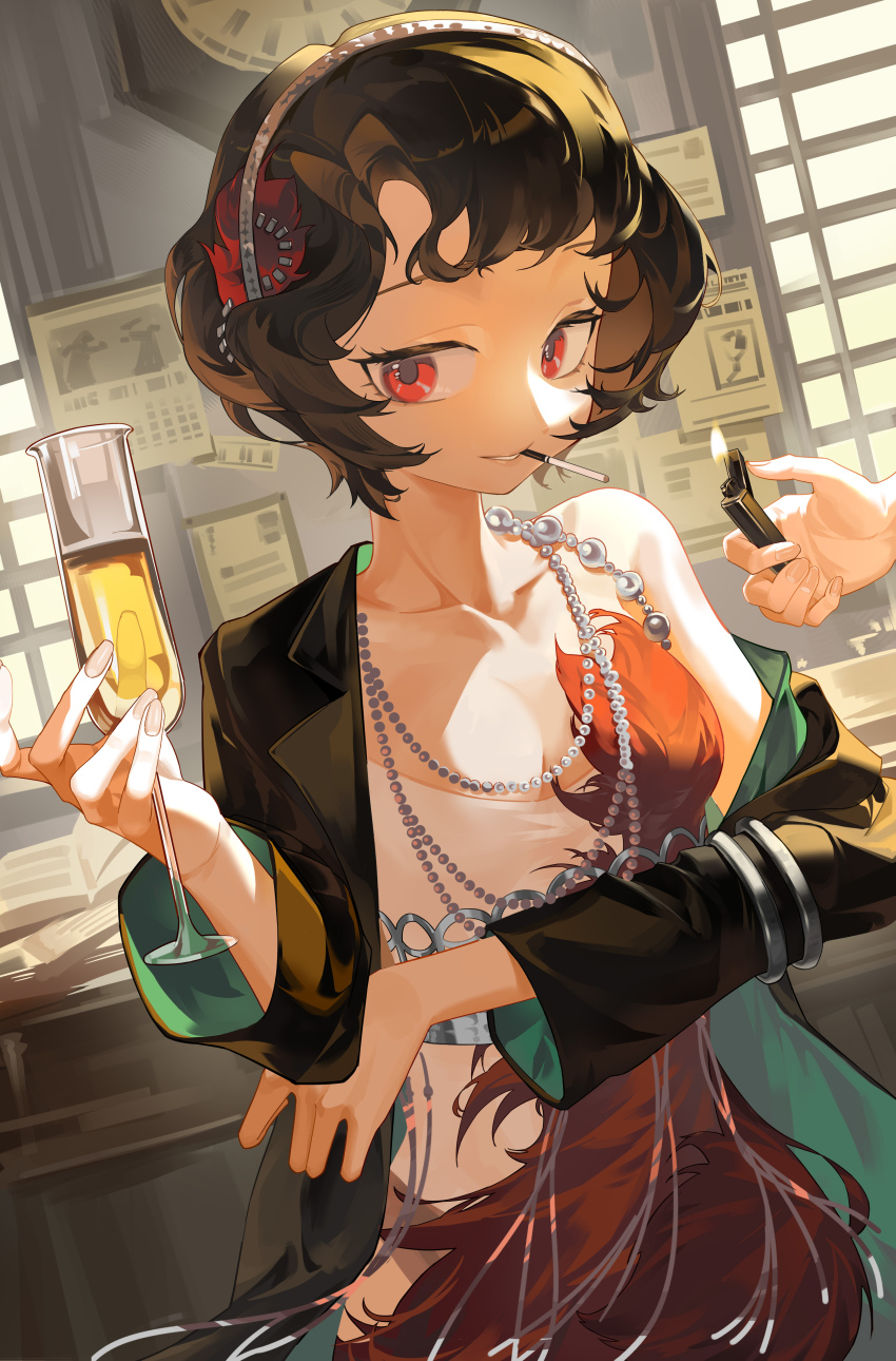 1girl, 1other, absurdres, alcohol, black_coat, black_hair, breasts, champagne