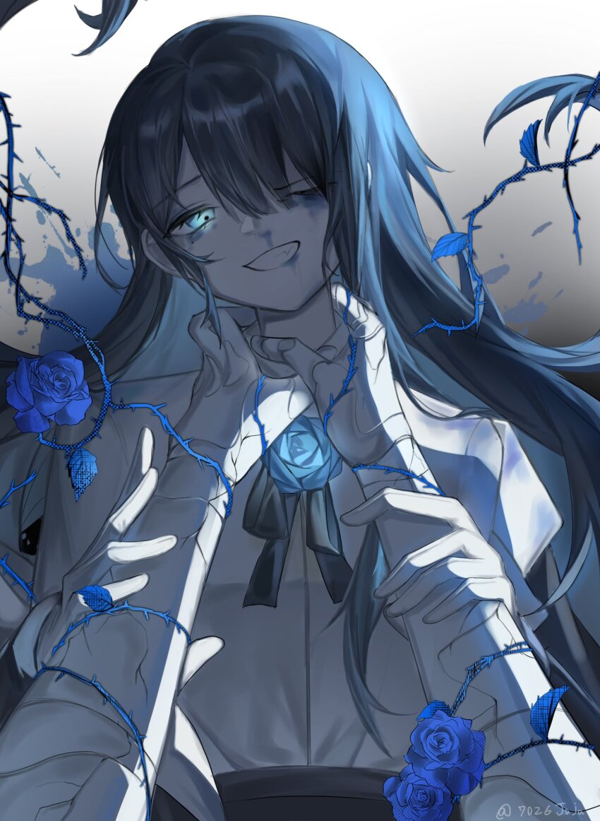 1girl, 1other, 7026jaja, ado_(utaite), black_bow, black_bowtie, black_coat, black_hair, blue_eyes, blue_flower, blue_hair, blue_rose, bow, bowtie, brooch, chando_(ado), clenched_teeth, cloud_nine_inc, coat, colored_inner_hair, commentary, cracked_skin, dress_shirt, flower, flower_brooch, gloves, glowing, glowing_eyes, gradient_hair, hair_between_eyes, hair_spread_out, hashtag-only_commentary, highres, long_hair, long_sleeves, looking_at_viewer, multicolored_hair, off_shoulder, one_eye_closed, open_clothes, open_coat, paint_splatter, paint_splatter_on_face, pov, rose, shirt, solo_focus, teeth, thorns, two-tone_hair, upper_body, utaite, white_gloves, white_shirt