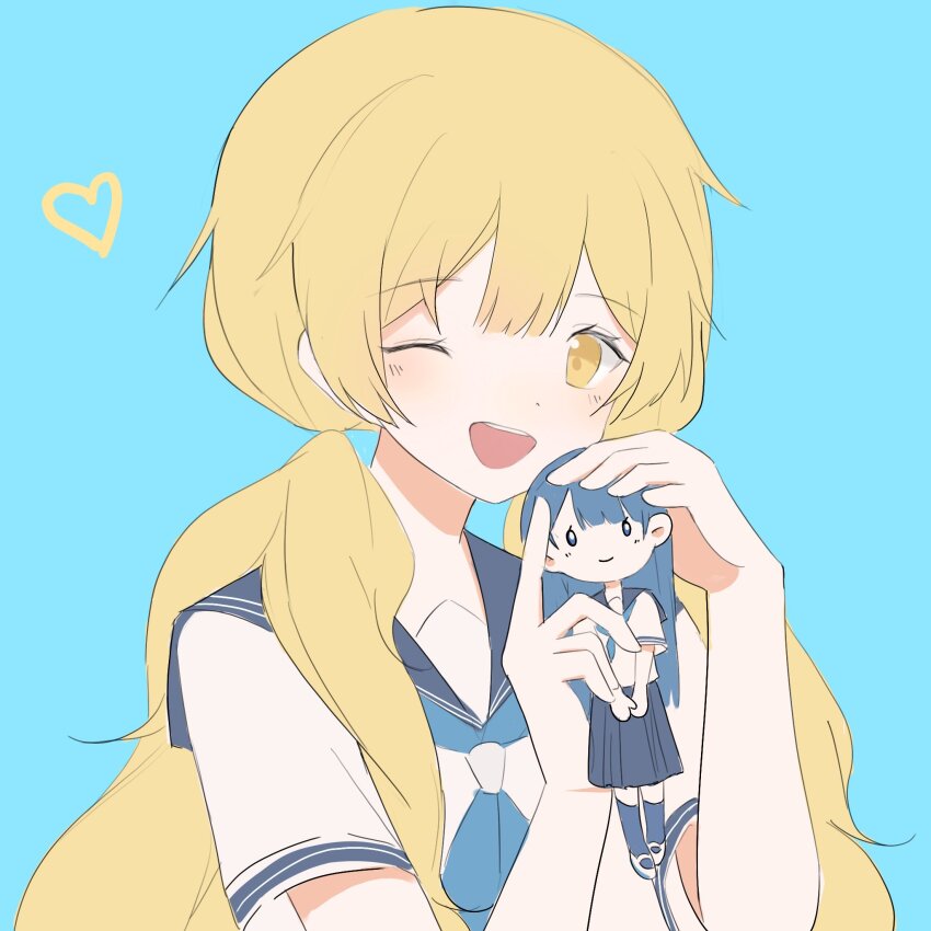 2girls, 7026jaja, ado_(utaite), aoi_(ado), blonde_hair, blue_background, blue_hair, blue_neckerchief