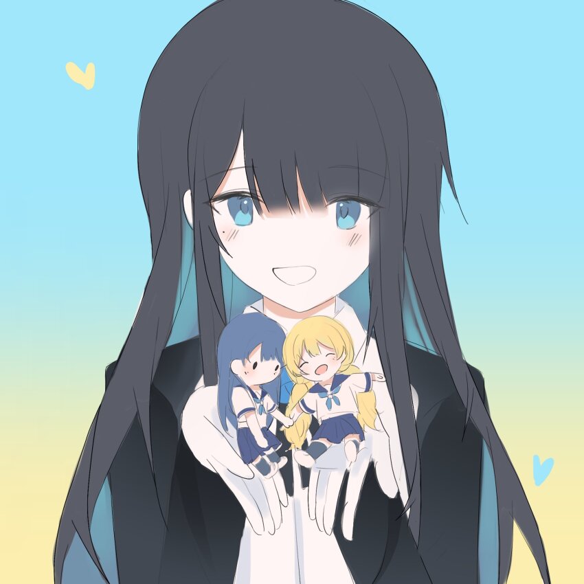 3girls, 7026jaja, ^_^, ado_(utaite), aoi_(ado), black_coat, black_hair, black_ribbon