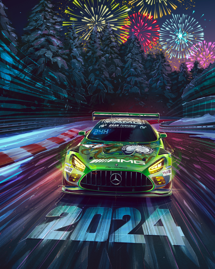 absurdres, andrew_mytro, car, commentary, english_commentary, fireworks, getspeed_performance, glowing, gran_turismo, highres, intercontinental_gt_challenge, mercedes-benz, mercedes-benz_amg_gt, motion_blur, motor_vehicle, night, no_humans, nurburgring, official_art, promotional_art, race_vehicle, racecar, spoiler_(automobile), sponsor, tree, vehicle_focus