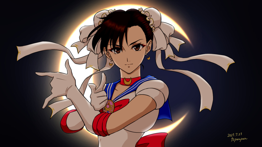 1girl, 92penpen, brown_eyes, brown_hair, capcom, choker, chun-li, cosplay
