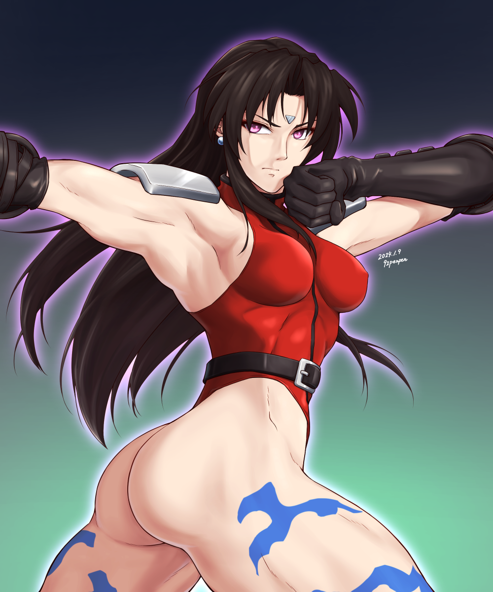 1girl, 92penpen, alternate_costume, armor, armpits, ass, bodypaint, brown_hair, capcom, chun-li, corruption, curvy, dark_persona, earrings, gloves, glowing, highleg, highleg_leotard, highres, huge_ass, jewelry, leotard, long_hair, mind_control, purple_eyes, revealing_clothes, shiny_skin, shoulder_armor, street_fighter, street_fighter_ii_v, thong_leotard, wide_hips