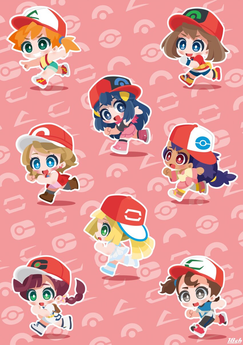 18ch, 6+girls, asymmetrical_hair, blonde_hair, blue_eyes, brown_hair, chloe_(pokemon), dawn_(pokemon)