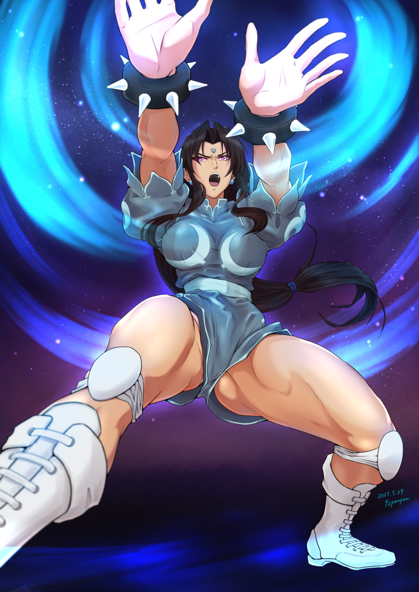 1girl, 92penpen, attack, boots, bracelet, brown_hair, capcom, chun-li