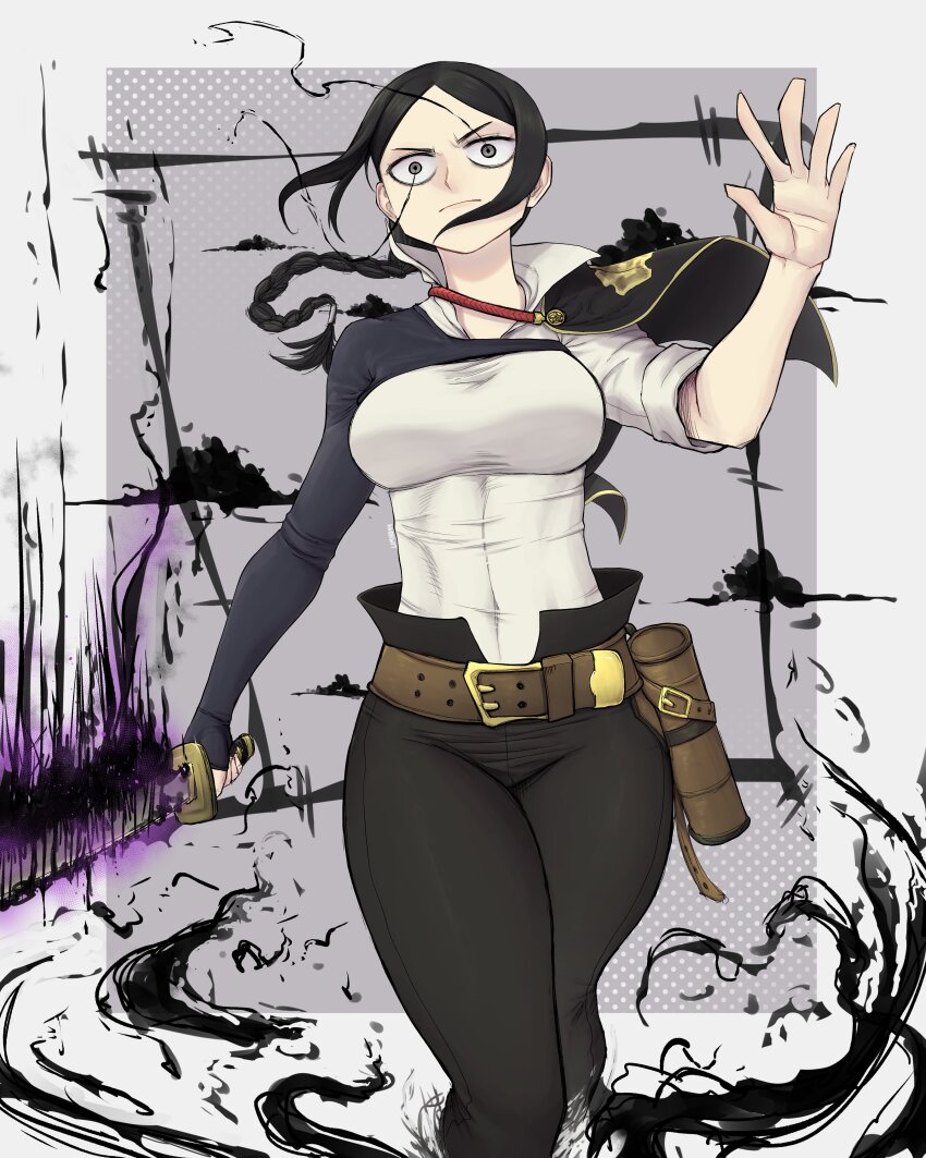 1girl, absurdres, asta_(black_clover), asta_(black_clover)_(cosplay), black_bulls_(emblem), black_capelet, black_clover, black_hair, black_pants, black_sleeves, braid, capelet, cosplay, grey_eyes, highres, holding, holding_sword, holding_weapon, katana, limn044, pants, single_braid, solo, sword, weapon, yami_ichika