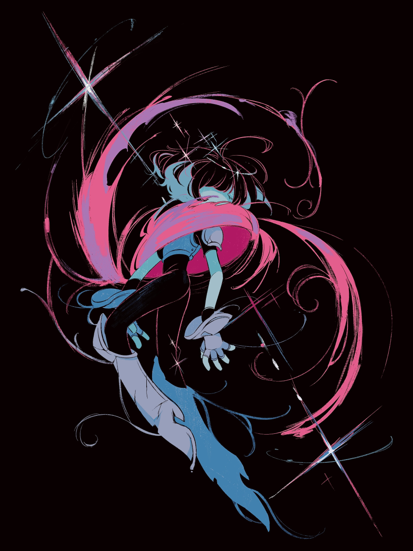 1other, absurdres, androgynous, armor, black_bodysuit, black_hair, blue_skin, bodysuit, bodysuit_under_clothes, breastplate, cape, closed_eyes, colored_inner_hair, colored_skin, crack, deltarune, dynamic_pose, energy, facing_viewer, floating_cape, from_side, full_body, g_c_hori, gauntlets, greaves, highres, kris_(dark_world)_(deltarune), kris_(deltarune), multicolored_hair, other_focus, pink_cape, red_background, short_hair, simple_background, solo, sparkle, utdr_(toby_fox)