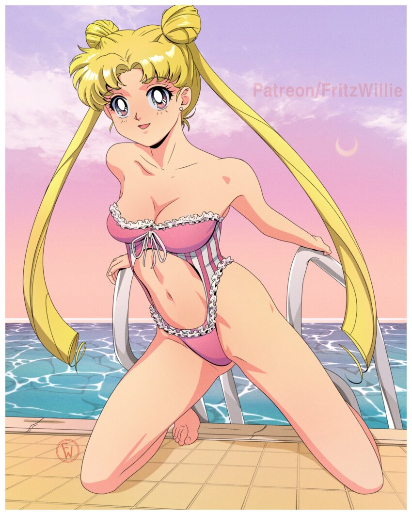 absurdres, alternate_eye_color, bishoujo_senshi_sailor_moon, blonde_hair, clothing_cutout, earrings, frilled_one-piece_swimsuit, frills