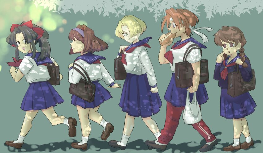 5girls, black_eyes, black_hair, blonde_hair, bow, braid, breasts, brown_hair, closed_eyes, eating, glasses, green_eyes, hair_bow, hair_over_one_eye, hair_ribbon, hairband, heaband, height_difference, highres, japanese_clothes, kanzaki_sumire, kirishima_kanna, large_breasts, legs, long_skirt, maria_tachibana, medium_breasts, multiple_girls, open_mouth, orange_hair, pants, ponytail, purple_eyes, purple_hair, ri_kouran, ribbon, sakura_taisen, school_uniform, sega, shinguuji_sakura, skirt, small_breasts, smile, solo, thighs, twin_braids, walking