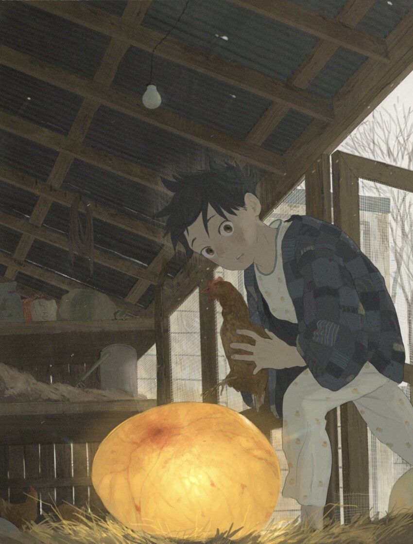 1boy, animal, bare_tree, bird, black_hair, blue_jacket, brown_eyes, bucket