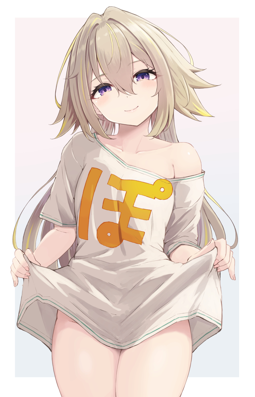 1girl, absurdres, bare_shoulders, blonde_hair, breasts, brown_hair, closed_mouth, clothes_writing