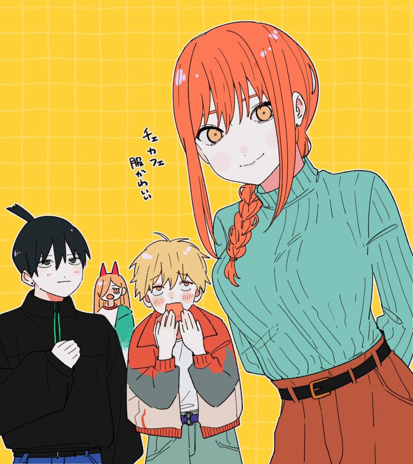 2boys, 2girls, arms_behind_back, black_eyes, black_hair, black_jacket, blonde_hair, braid