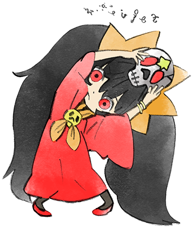 1girl, ashley_(warioware), black_hair, dress, hair_ornament, holding, holding_skull, long_hair