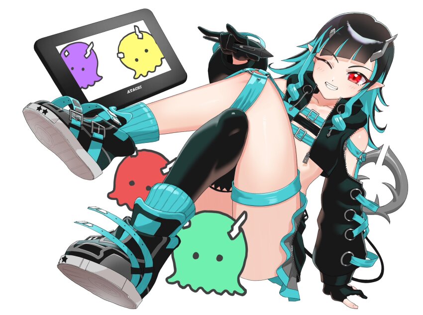 1girl, asymmetrical_gloves, belt, belt_bra, black_gloves, black_hair, black_jacket, black_shoes