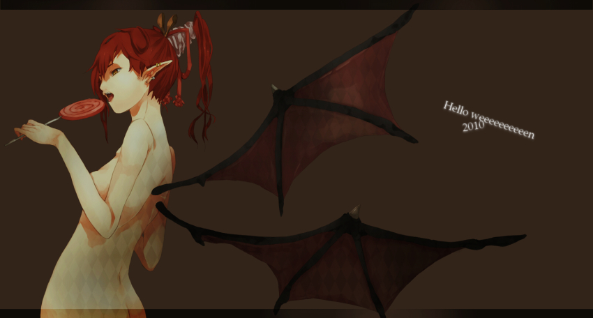 1girl, 2010, bad_id, bad_pixiv_id, bat_wings, candy, demon_girl, eating