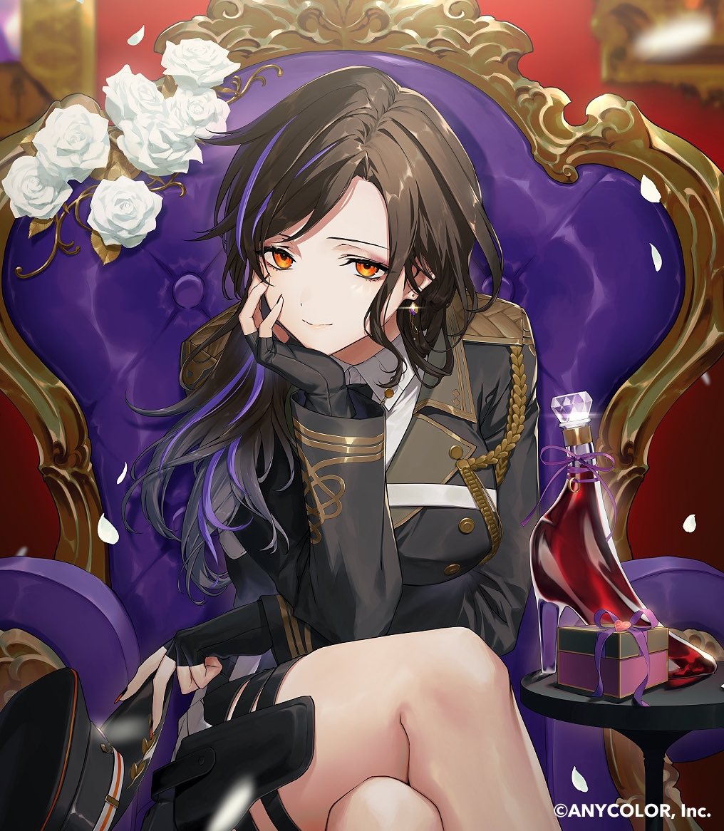 1girl, aiguillette, alternate_costume, alternate_hairstyle, black_gloves, black_hair, black_hat, black_nails, black_skirt, box, breasts, buttons, chair, closed_mouth, collared_shirt, company_name, copyright_name, crossed_legs, dot_nose, double-breasted, earrings, falling_petals, female_focus, fingerless_gloves, flower, gem, gift, gift_box, gloves, gold_trim, gradient_hair, grey_hair, hand_on_own_face, hat, holding, holding_unworn_clothes, holding_unworn_hat, jacket, jewelry, large_breasts, long_sleeves, military, military_hat, military_uniform, multicolored_hair, nail_polish, namakawa, nijisanji, official_alternate_costume, official_alternate_hairstyle, official_art, on_chair, orange_eyes, peaked_cap, petals, purple_hair, rose, shirayuki_tomoe, shirayuki_tomoe_(military), shirt, single_earring, sitting, skirt, smile, solo, sparkle, streaked_hair, table, thigh_strap, unworn_hat, unworn_headwear, virtual_youtuber, white_flower, white_petals, white_shirt