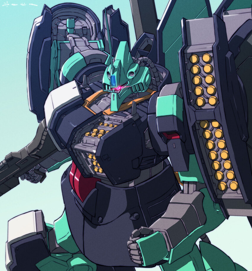 beam_rifle, cable, clenched_hand, commentary_request, daue, dijeh, energy_gun, eye_trail, glowing, glowing_eye, gradient_background, gun, gundam, gundam_u.c._engage, highres, holding, holding_gun, holding_weapon, horns, light_trail, machinery, mecha, mecha_focus, missile, missile_pod, mobile_suit, no_humans, pink_eyes, redesign, robot, science_fiction, signature, single_horn, solo, weapon, zeta_gundam