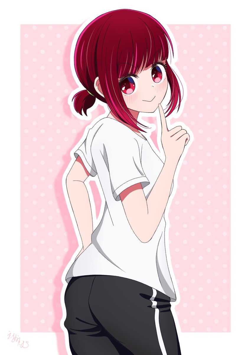 1girl, absurdres, arima_kana, black_pants, blush, border, closed_mouth, hair_between_eyes, highres, low_ponytail, medium_hair, nm_(blue-rapid), oshi_no_ko, pants, ponytail, red_eyes, red_hair, shirt, simple_background, smile, solo, t-shirt, white_background, white_shirt