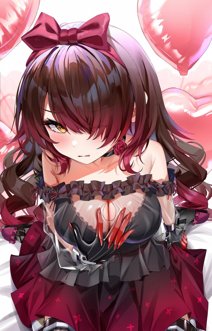 1girl, absurdres, balloon, bare_shoulders, black_choker, black_dress, black_hair, breasts, bu_leike, choker, cleavage, collarbone, colored_tips, dress, drill_hair, flower, flower_choker, frilled_dress, frills, hair_over_one_eye, hair_ribbon, heart_balloon, highres, hololive, long_hair, mechanical_hands, mechanical_legs, multicolored_hair, off-shoulder_dress, off_shoulder, pink_flower, pink_hair, pink_ribbon, pink_rose, ribbon, roboco-san, roboco-san_(night_dress), rose, see-through_clothes, see-through_cleavage, see-through_sleeves, sitting, solo, virtual_youtuber, yellow_eyes