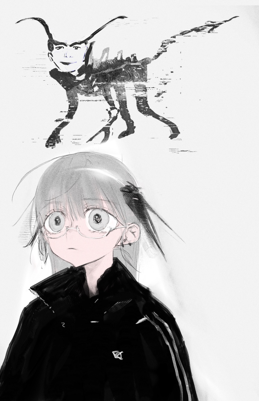 1boy, 1girl, absurdres, ahoge, all_fours, arms_at_sides, black_eyes, black_jacket