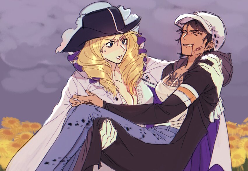 2girls, black_hair, bleeding, blonde_hair, blood, blood_on_face, blue_eyes, breasts, cavendish_(one_piece), closed_eyes, clothes_grab, denim, dressrosa, female_focus, fur_hat, genderswap, genderswap_(mtf), hand_tattoo, hat, highres, injury, jeans, looking_at_another, multiple_girls, nesheesuu2, one_piece, pants, short_hair, sweatdrop, tattoo, trafalgar_law, yuri