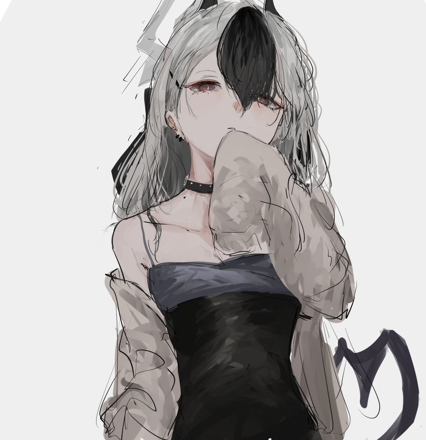 1girl, absurdres, aegyo_sal, alternate_costume, alternate_hairstyle, black_choker, black_dress, black_eyeliner