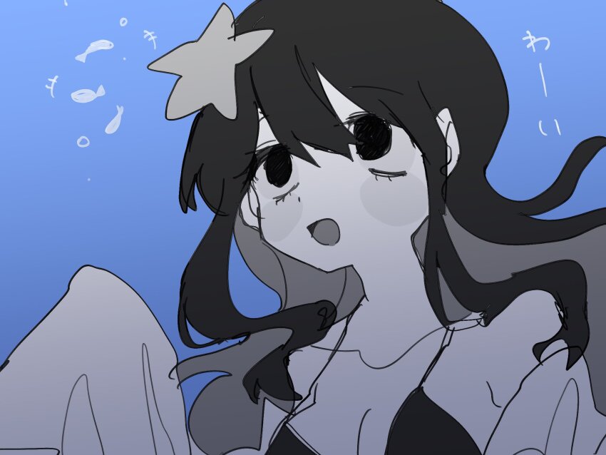 1girl, bare_shoulders, black_camisole, black_eyes, black_hair, blue_background, breasts, camisole