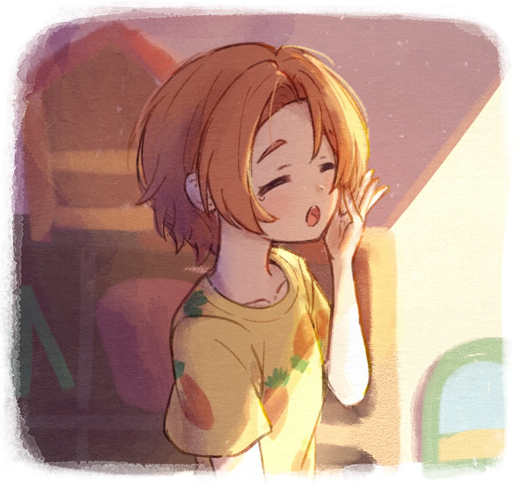 1girl, border, brown_hair, carrot_print, child, closed_eyes, collarbone, commentary, food_print, hageringo, hand_on_own_cheek, hand_on_own_face, idolmaster, idolmaster_cinderella_girls, light_rays, open_mouth, pajamas, parted_bangs, print_shirt, ryuzaki_kaoru, shelf, shirt, short_hair, short_sleeves, solo, tears, teeth, upper_body, upper_teeth_only, waking_up, white_border, yawning, yellow_pajamas, yellow_shirt