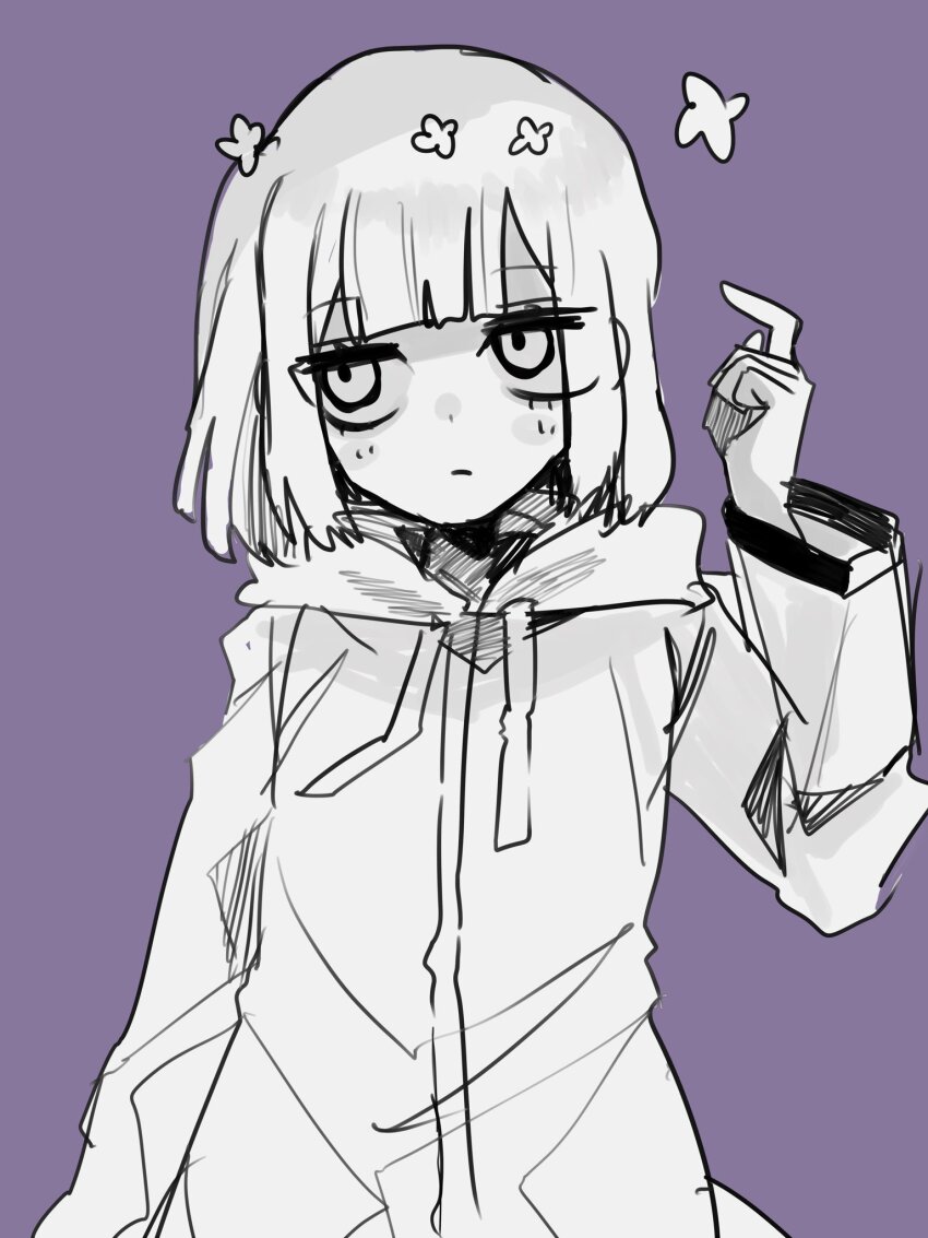 1girl, arm_at_side, blunt_bangs, blunt_ends, bob_cut, closed_mouth, flower, greyscale_with_colored_background