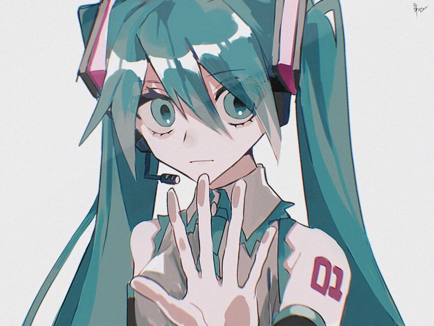 1girl, aqua_eyes, aqua_hair, aqua_necktie, aqua_trim, bare_shoulders, black_sleeves, closed_mouth, collared_shirt, detached_sleeves, frilled_shirt_collar, frills, frown, grey_background, grey_shirt, hair_between_eyes, hair_ornament, hand_up, hatsune_miku, headphones, highres, lonepi, long_hair, looking_at_viewer, necktie, number_tattoo, shirt, sleeveless, sleeveless_shirt, solo, tattoo, twintails, vocaloid