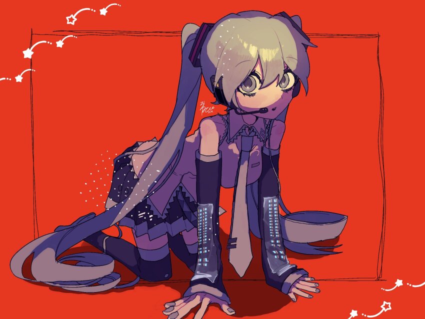 1girl, all_fours, aqua_eyes, aqua_hair, aqua_nails, aqua_necktie, aqua_trim, bare_shoulders, black_skirt, black_sleeves, black_thighhighs, collared_shirt, detached_sleeves, frilled_shirt_collar, frills, grey_shirt, hair_ornament, hatsune_miku, headphones, highres, lonepi, long_hair, long_sleeves, looking_at_viewer, necktie, parted_lips, red_background, shirt, skirt, sleeveless, sleeveless_shirt, sleeves_past_wrists, thighhighs, twintails, vocaloid