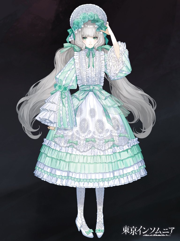 1girl, alpaca_connect, aqua_flower, aqua_rose, arm_at_side, black_background, blunt_bangs, bonnet, center_frills, closed_mouth, copyright_name, dress, floral_print, flower, flower_ornament, frilled_dress, frilled_sleeves, frills, green_dress, green_eyes, green_ribbon, grey_hair, hair_ribbon, hand_on_headwear, hat, hat_flower, high_heels, hime_lolita, juliet_sleeves, kao_o0, layered_dress, lolita_fashion, long_hair, long_sleeves, looking_at_viewer, low_twintails, pantyhose, print_dress, puffy_sleeves, pumps, ribbon, rose, rose_print, sidelocks, simple_background, sleeves_past_wrists, smile, solo, standing, twintails, two-tone_dress, waist_ribbon, wavy_hair, white_dress, white_flower, white_footwear, white_hat, white_pantyhose