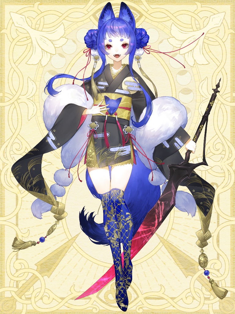 1girl, :d, animal_ears, black_kimono, blue_boots, blue_hair, boots, chain_paradox