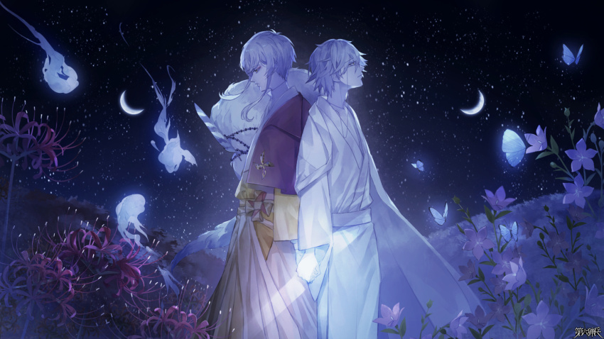 2boys, back-to-back, bellflower, blue_butterfly, bug, butterfly, cape, capelet