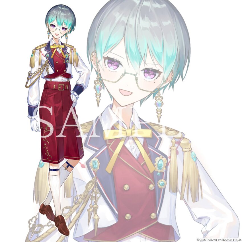 1girl, :d, aiguillette, alternate_costume, aqua_gem, aqua_hair, brown_shoes, buttons